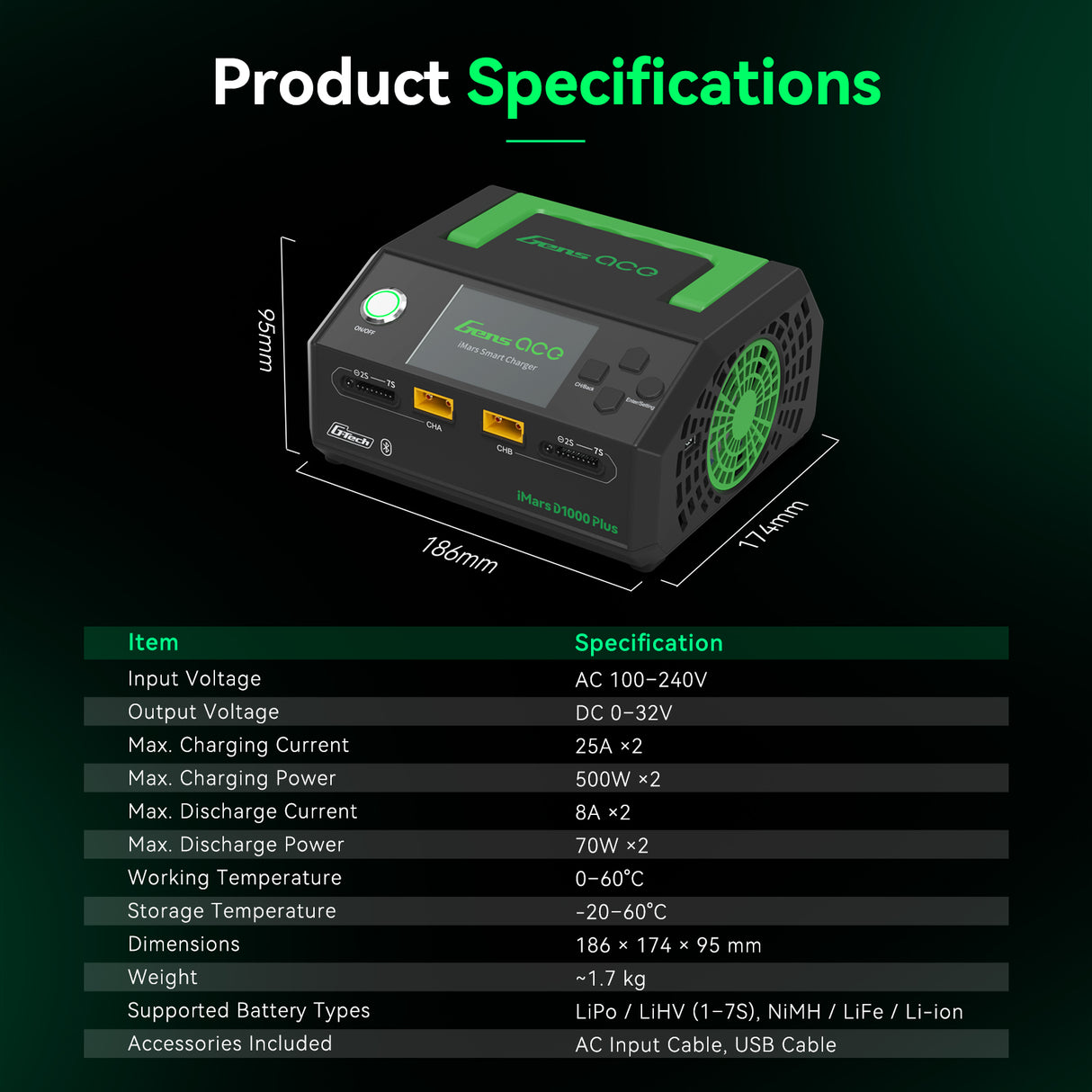 Gens ace iMars D1000 Plus Smart Charger | Dual Channel | AC 1000W | UK version