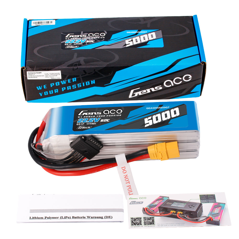 Gens Ace G-Tech 5000mAh 22.2V 60C 6S1P XT90 LIPO Battery Pack