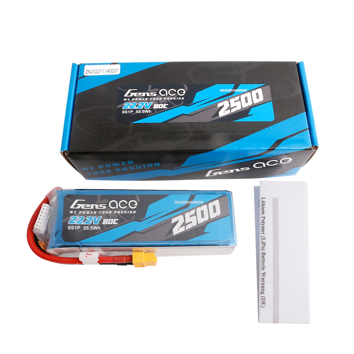 Gens ace 2500mAh 22.2V 80C 6S1P Lipo Battery Pack with XT60 plug